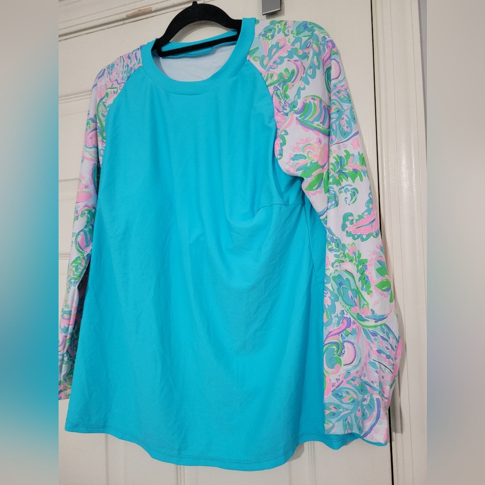 Pink Blue Green Tropical Paisley Long Sleeve Rashguard Built in Bra Swim Top